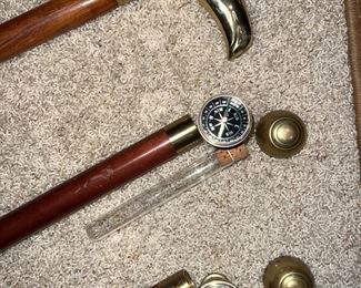 Brass top walking sticks cane. Two with hidden  compass and flask