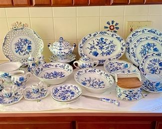 Blue Danube - serving pieces sold separately. 
9 Full place settings - Dinner (+1), Salad, Bread and Butter (+2), teacup and saucer - $500