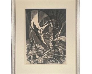 RALPH FABRI (1894-1975) | Etching titled Brave New World! and ed. 10/50 lower left, pencil signed lower right, dedication "For Linton and Jay Roland" lower center - plate 11.75 x 8.75 in. - w. 14.75 x h. 18.25 in (frame)