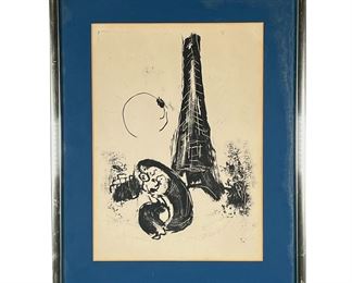 AFTER MARC CHAGALL | Monochrome lithograph after Marc Chagall, showing mother and children before the Eiffel tower; no apparent signature - 10.5 x 14 in. (sight). - w. 15.5 x h. 19.5 in (frame)