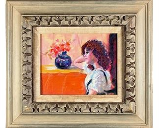 JULEE DOCKING (FLORIDA, 20TH C.) | In A Pensive Mood
Oil & pastel on paper
Signed lower left, framed under glass, signed and titled on verso
Portrait of a young girl with still life. - w. 18 x h. 16 in (frame)