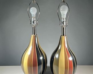 (2PC) PAIR PAINTED GOURD FORM LAMPS | Table lamps with vertical stripe painted decoration - h. 15 in. (Gourd section only) - h. 28 x dia. 10 in (over harp)