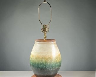 ART CERAMIC LAMP | Art pottery table lamp with wood top and base, ovoid shape with ombre gradient glaze - h. 13 in (ceramic only) - w. 12 x h. 29 in (over harp)