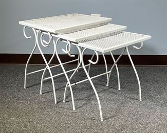 (3PC) NESTING PATIO TABLES | Outdoor Garden/patio tables, white painted frames with scroll sides. - l. 20.5 x w. 14.5 x h. 19.5 in (largest)