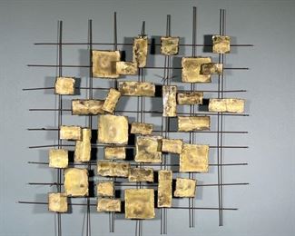 (ATTR) WILLEM DEGROOT WALL SCULPTURE | Vintage mid-century brutalist wall hanging sculpture designed with a grid work of different size patinated metal squares and rectangles attached to a metal rod frame. - w. 30.5 x h. 30.5 in