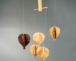 WOOD MOBILE | Minimalist hanging mobile with five hot air balloons of different toned wood. w. 14 x h. 21 in (approx.)