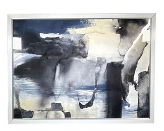 ABSTRACT LITHOGRAPH WITH SILVER LEAF | Impressive abstract artwork of blue, gray, and black forms with silver applied accents, housed in a white frame; no apparent signature or markings. - w. 52 x h. 39 in (frame)