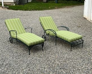 (2PC) PATIO LOUNGE CHAIRS | Two similar green painted lounge chairs, with green striped cushions. - From a Mount Kisco, NY gentleman