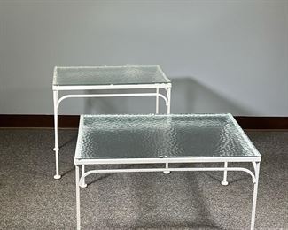 (2PC) PEBBLE GLASS PATIO TABLES | Possibly Russel Woodard, white outdoor patio side / low tables with wrought iron bases and pebble glass tops - tallest 21 in. - l. 30 x w. 22 x h. 15.5 in (largest)