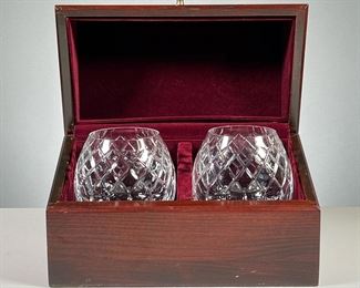 (2PC) PAIR CARTIER SNIFTERS | Made in England, cut crystal brandy/cognac snifters in a velvet lined presentation box. - l. 10.5 x w. 6 x h. 6.5 in (box)