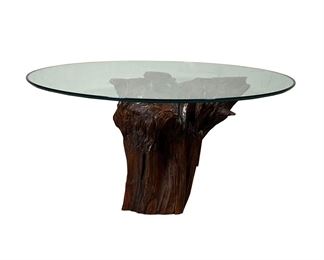 WOOD ROOT LOW TABLE | Low table with a wood root sculpture base, red pine, heavy and stable, can be a stand-alone sculpture or used as a table with the round glass top - h. 18 x 20 x 18 in. (base only). 