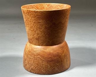 RALPH LAUREN TURNED WOOD VESSEL | Heavy- turned from a solid piece of figured wood with some age/drying natural splits at the rim, with Ralph Lauren label on the bottom. - h. 12 x dia. 10 in