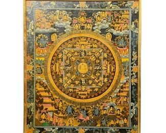 ANTIQUE BUDDHA THANGKA | Showing patterns, figures, gods, and dragons among clouds, engaged in various activities. - w. 16 x h. 19.25 in (sight)