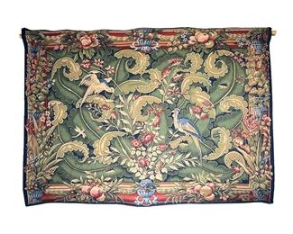 POINT DE L'HALLUIN TAPESTRY| French needlepoint tapestry showing birds among scrolling foliage, with Point de l'Halluin and Les Tapisseries d'Halluin labels on verso; on a wooden hanging rod - overall 58 in.- w. 44 x h. 37 in (tapestry)