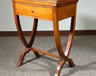 ANTIQUE SIDE TABLE | Wooden end table with a single drawer and 3/4 gallery top, over harp form supports. -  l. 21 x w. 13 x h. 28 in