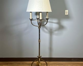 BRASS FLOOR LAMP | Contemporary brushed brass floor lamp with four lights and four legs, single tapered shade. - h. 61-1/2 x dia. 20 in (with shade)