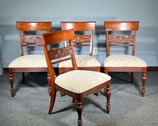 (4PC) ETHAN ALLEN DINING CHAIRS | Wooden dining chairs with upholstered seats. Shell & scroll carved backrest, with turned and carved legs. - l. 24 x w. 22 x h. 37 in
