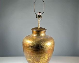 RAJAN GOLD LEAF TABLE LAMP | Hammered metal, bulbous form. - h. 17 x dia. 13 in