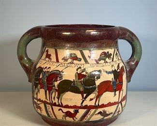 IMPRESSIVE PLANTER | Large jardiniere with handles, decorated with medieval style figures and texts, with iridescent glazed rim and handles; signed on the bottom. - w. 20 x h. 14-3/4 in