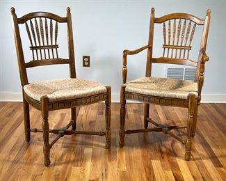 (6PC) BRIDGEFORD WHEAT DINING CHAIRS | Carved wheat form back splats, thrush seats, carved and fluted legs joined with an X form stretcher, including two arm chairs and four side chairs. - l. 24 x w. 23 x h. 38 in (armchair)