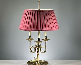 BOULLOITE LAMP | Brass bouillotte table lamp, 20th century, with nice details and regular bulb fittings, red plated shade. - w. 30 x h. 16 in