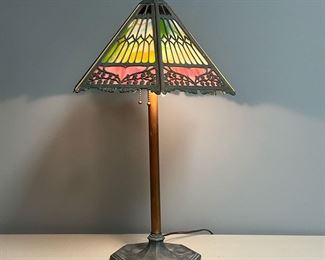 SLAG GLASS LAMP | Copper table lamp: colored slag glass lamp shade on a copper base. h. 23-1/2 x dia. 15 in