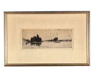 D.Y. CAMERON ENGRAVING | David Young Cameron RA (1865-1945)
Watery landscape
Showing figures in a boat
Pencil signed lower right; signed in the plate lower left
w. 10.5 x h. 4 in (sight). - w. 17.5 x h. 11 in (frame)
