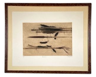 SEPIA TONED ETCHING | Arrowheads
Pencil signed lower right
Artist's proof On Fabriano paper with atelier Alexis Gorodine Teller blind stamp
19.5 x 15 in. (sheet). - w. 23.5 x h. 19.5 in (frame)