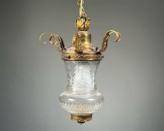 BRASS LIGHT FIXTURE | Hanging ceiling light fixture cut glass with brass hardware. - h. 9.5 x dia. 9 in (excl. chain)