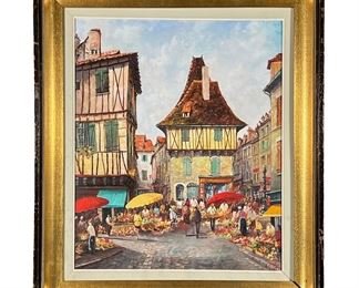 FRENCH SCHOOL (20TH CENTURY) | Place Mecadiale - Maison du Coussul
Oil on canvas
Depicting a marketplace village scene
Titled and signed on verso, possibly Copa Leo, 1974
w. 18.5 x h. 22 in. (Stretcher). - w. 24 x h. 27 in (frame)