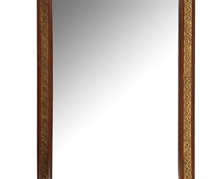 FRENCH STYLE WALL MIRROR | Wooden frame with inset brass decoration, having four painted porcelain plaques and wreath formed mounts. - w. 31 x h. 40 in
