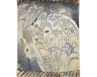 SIGNED CERAMIC PORTRAIT | Fashion portrait of a woman with swans, inscribed, signed, and dated 1983 upper margin, glazed, colored, and with incised decoration throughout - heavy! w. 23.5 x h. 29.5 in
