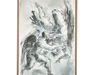 CHARLES BURDICK (1924-2016) | Angels engaged in fight
Watercolor on paper
Signed lower right
Framed with literature on verso. - w. 13 x h. 17 in (frame)