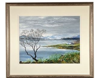 OLIVIA DAVIDSON (BRITISH, 20TH C.) | Loch Laggan, Inverness-shire
Acrylic on paper
Signed middle right, with label on verso
Lakeside landscape with trees and mountains. - w. 25.5 x h. 22 in (frame)