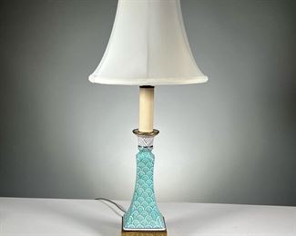 ENAMELED TABLE LAMP | Blue enameled Chinese style table lamp with a tapered white shade, on a brass bass. - h. 22.5 in (over shade)