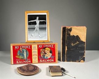 (5PC) PAPER EPHEMERA | Includes: signed picture of Dorothy Hamill, an antique advertisement for canned salmon, two dance card packets (one in horseshoe shape), and an old journal. - w. 5.5 x h. 8.5 in