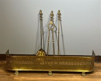 (4PC) BRASS FIREPLACE TOOLS | Fireplace accessories, including a brass fireplace fender and three fireplace tools. - l. 44 x w. 10-1/2 x h. 8-3/4 in (fender)
