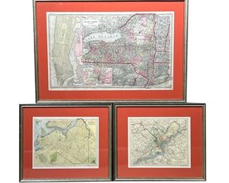 (3PC) NY & PA MAPS | C. 1888, 1903,1907, Including Tunison’s New York showing the state plus Manhattan and parts of NYC; Philadelphia And Vicinity; and Part of New York City (Borough of Brooklyn). - w. 27.5 x h. 18.5 in (largest frame)