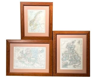 (3PC) EUROPEAN COLORED MAPS | Including: Carte de l’Europe; Iles Britanniques; and Sweden & Norway; all matted and in matching wooden frames. - w. 21 x h. 26 in (Largest)