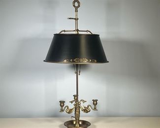 BRASS TOLE LAMP | Brass oil lamp/candelabra with bird-form arms, with a black tole shade, electrified as a table lamp. - h. 27 x dia. 14-1/2 in (overall with shade)