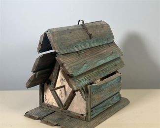 WOOD BIRDHOUSE | Handmade and hand-painted blue and white wooden birdhouse. -  l. 11-1/4 x w. 9 x h. 10-3/4 in