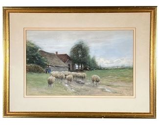 COUNTRYSIDE WATERCOLOR | Farmscape
Watercolor on paper
Signed lower right
Showing sheep before outbuildings and a field. - w. 25.5 x h. 18.5 in