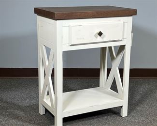 RUSTIC SIDE TABLE | White painted side table with a single drawer and a wood top. - l. 22.5 x w. 13 x h. 29.5 in
