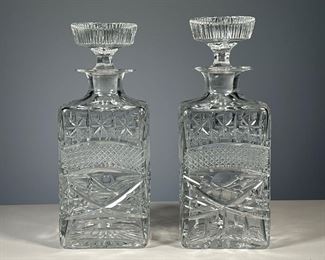 (2PC) PAIR CUT CRYSTAL DECANTERS | Pair of square cut crystal decanters. - l. 4 x w. 4 x h. 11 in