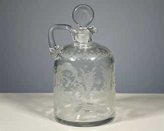 WHEEL ETCHED DECANTER | Blown glass decanter with a pontil, etched with duck and deer design. - h. 8 in