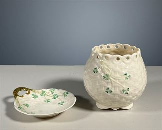 (2PC) BELLEEK ITEMS | Including a small Irish Belleek cache pot with a gilt-handled dish or saucer, both with clover decoration. - h. 5 in