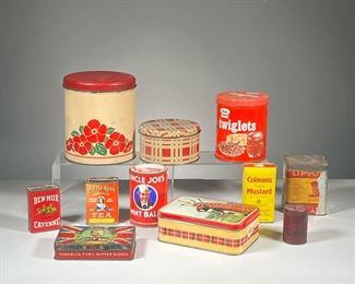 (11PC) ASSORTED TIN CONTAINERS | Includes: Pearson’s Red Top Snuff, Assorted Spices, Pascall’s Pure Butterscotch tin featuring King George V, Tea Tins, cookie cutters, and more. - h. 7 x dia. 6 in (Largest)