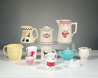 (12PC) KITCHENWARE | Cherry Pitcher France, Sugar Jar England, "Black & White" Water Jug, Scottie Milk Glass Mug, Deco style Ironstone Creamer, Wood's Ware England Water pitcher, Turquoise Teapot USA, Howard Johnson Creamer, Early Black Dog Mug Victor USA, Dog Teacup, England Ceramic Dot Cup, and a Milk Glass Chicken(Top Only) - h. 7" in