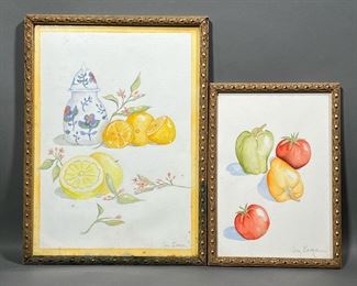 WATERCOLOR PAINTINGS | Signed Lucy Borge, including one of peppers and tomatoes (8 x 11 in., frame) and another with a jar, lemons, and flowers. - w. 11 x h. 15 in (largest frame)