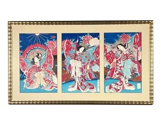 JAPANESE WOODBLOCK TRIPTYCH | Showing three geishas framed together; each panel approximately 9 x 14 in. - matted in a gilt frame. - w. 34 x h. 19.5 in (frame)
